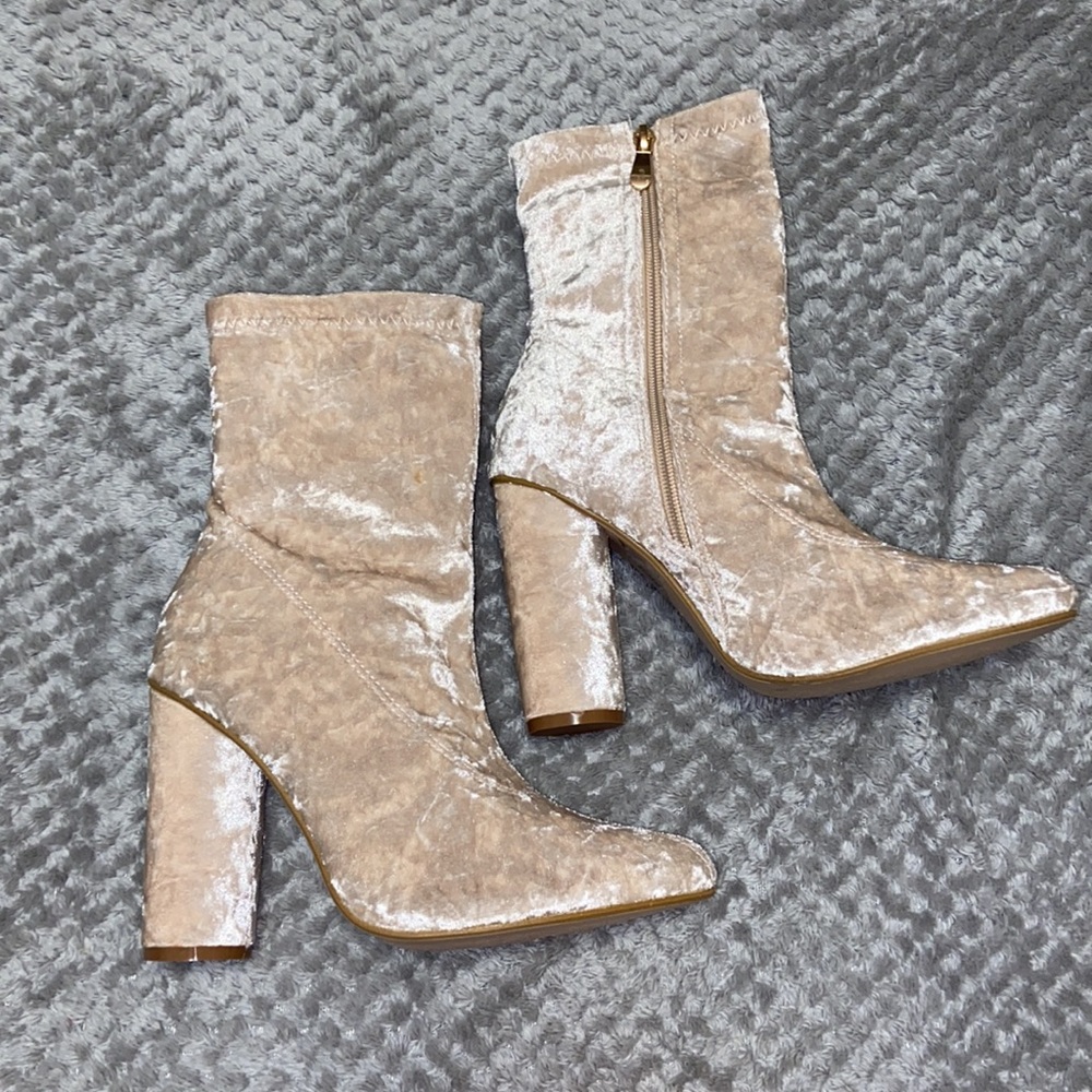 J Adams | Nude Crushed Velvet Heeled Booties